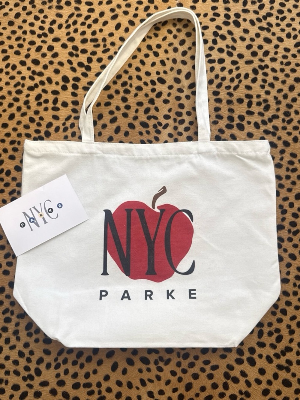 Parke NYC White Canvas Tote with Red Apple Logo